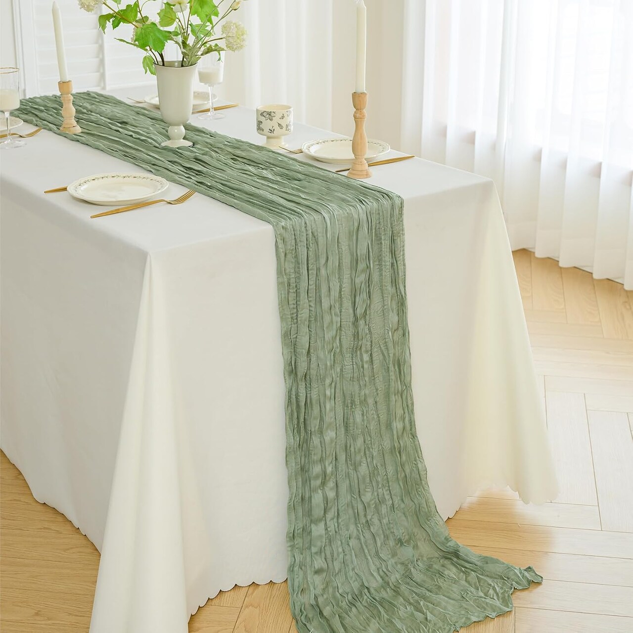 Cheesecloth Gauze Boho Rustic Table Runner - 35x120 Inch Long for Wedding(Sage Green)120"L x 35"W